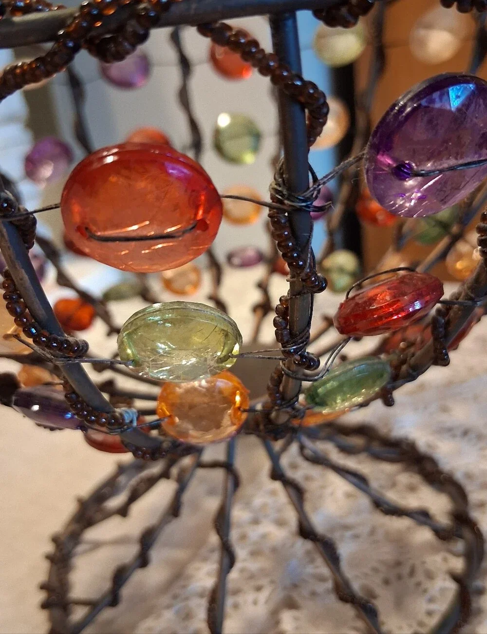 Vintage Beaded Wire & Metal Footed Bowl Basket Handmade Pop Art Retro Decor 8